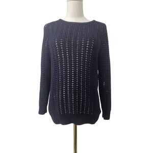 Lilla P Cotton Blend Open Knit Sweater Womens Medium Pullover Sheer Navy Blue